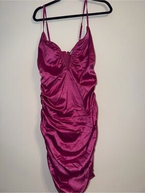 Fashion Nova Magenta Satin Ruched Midi Slip Dress